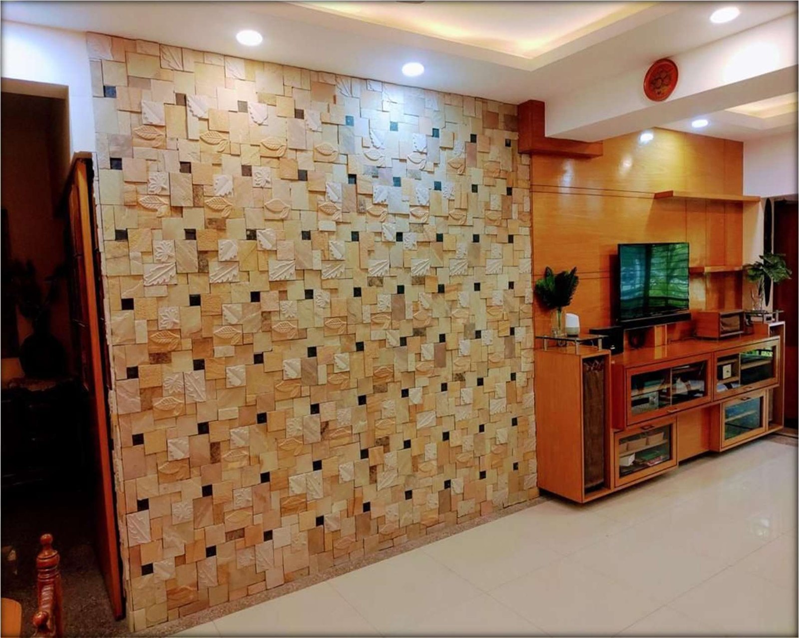 Teak Mint CNC Mosaic installed, 12x12" Sandstone cladding